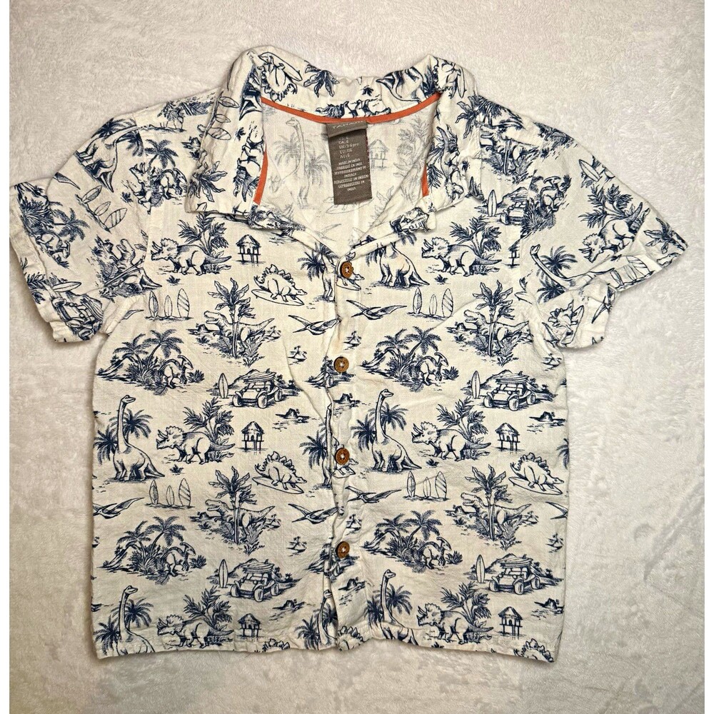 Tahari Boys Size 16 White/Blue Dinosaur Graphic Print Cotton Button-Up Shirt
